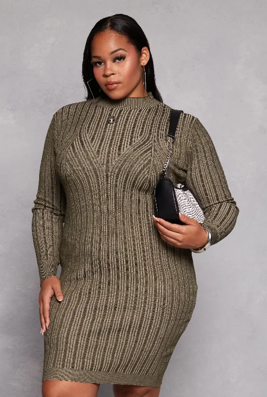 Plus Size Almost Famous Ribbed Knit Shadow Stripe Sweater Dress Plaid Sweater Polka Dot Checkered