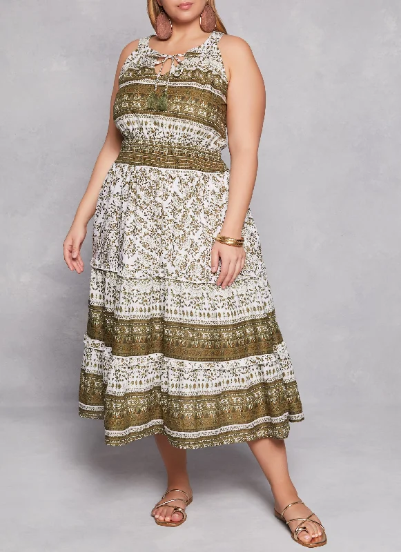 Plus Size Boho Border Print Smocked Waist Tiered Dress Crew Neckline Casual