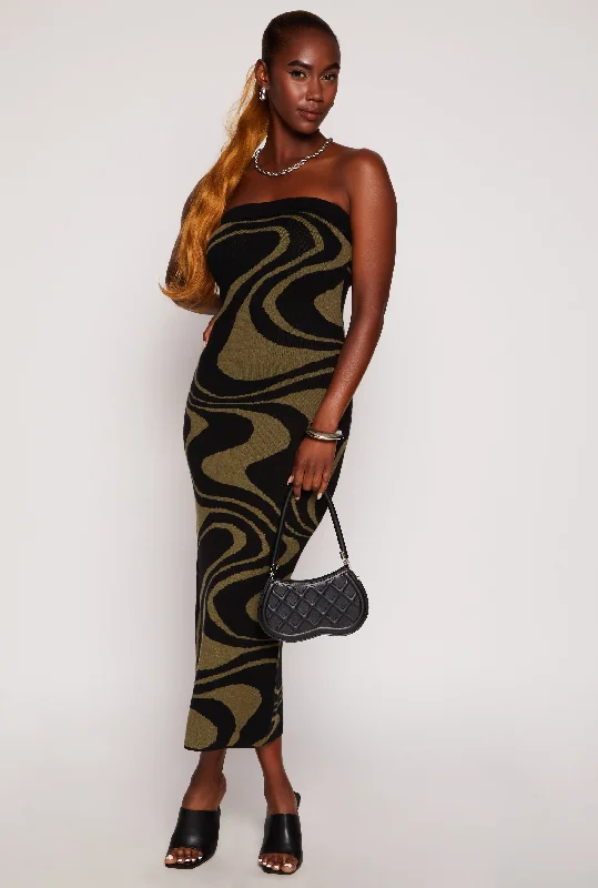 Swirl Print Tube Sweater Dress Silk Blend Satin Velvet
