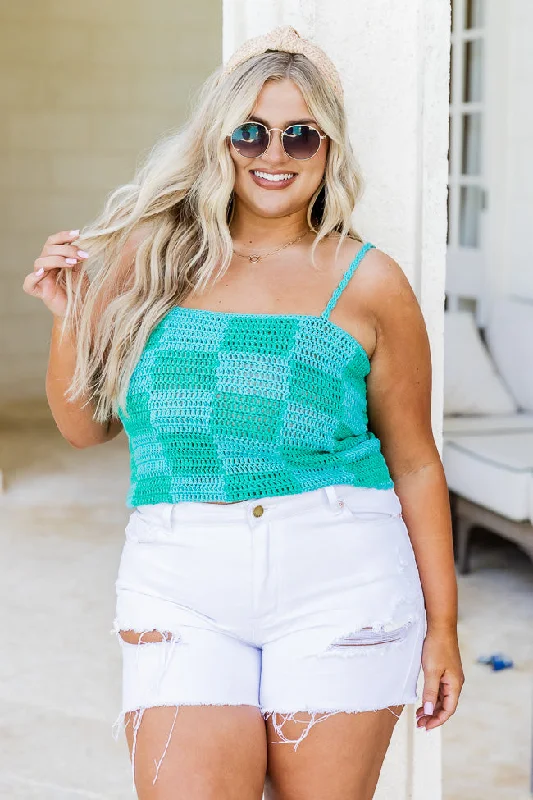 Paint The Sky Blue and Green Checkered Sweater Tank FINAL SALE Boxy Sweater Fitted Sweater A-Line