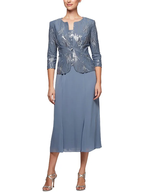 Petites Womens Jacket Midi Two Piece Dress Boat Neck Shawl Collar Notched Collar