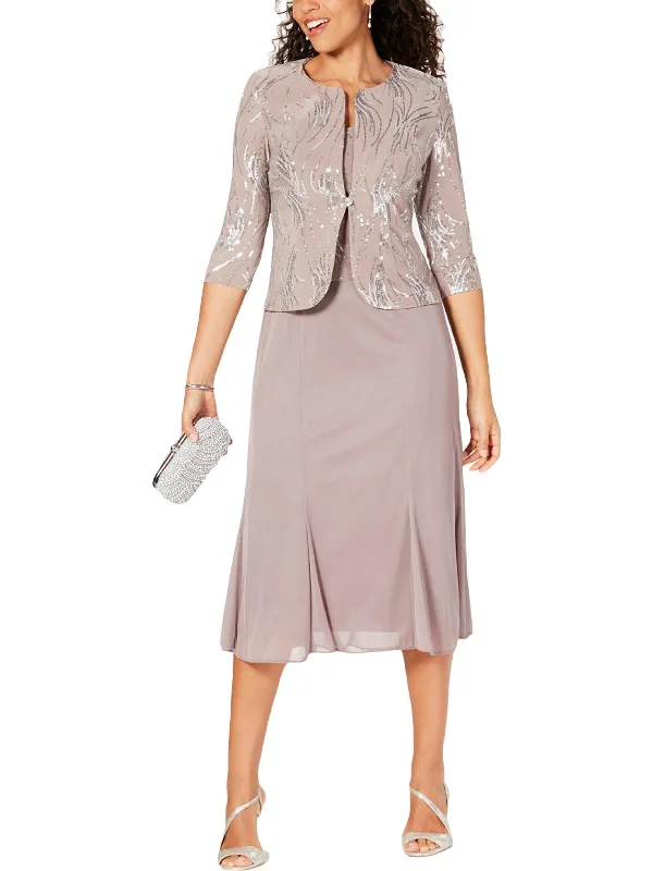 Petites Womens Sequined 2PC Dress With Jacket Zip Front Button Front Snap Front