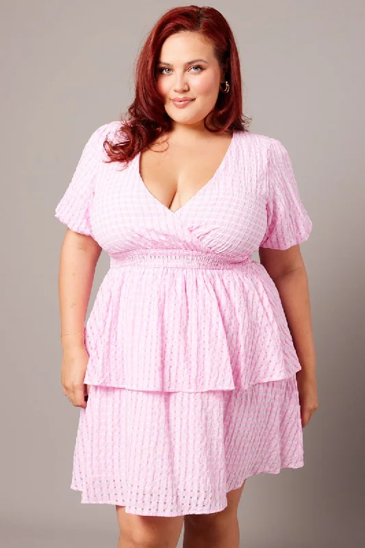 Pink Check Shirred Waistband Layer Minidress Tunics Stylish elegant