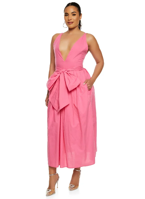 Poplin Plunge Tie Waist A Line Dress Tunics Chic fashionable