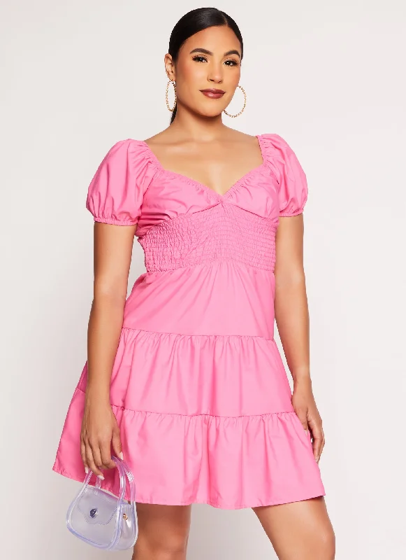 Smocked Waist Puff Sleeve Peasant Dress Tunics Polka dots