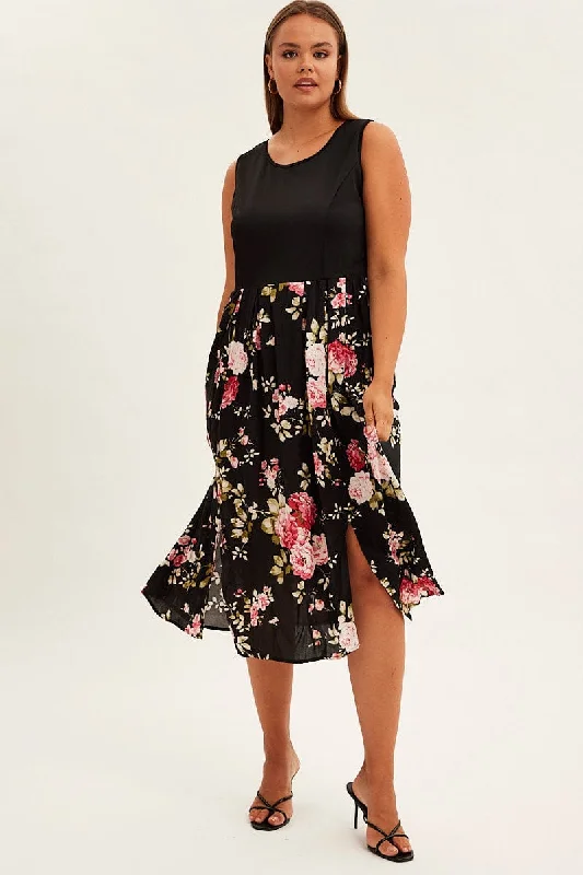 Print Cream Print Sleeveless Plain Bodice Long Dress Tunics Fashionable chic
