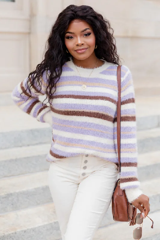 Trying Everything Purple And Brown Fuzzy Striped Sweater FINAL SALE Collared Crew Neck Turtle Neck