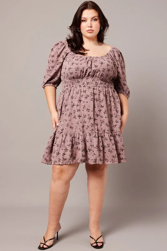 Purple Ditsy Gather Waist Minidress Tunics Trendy modern