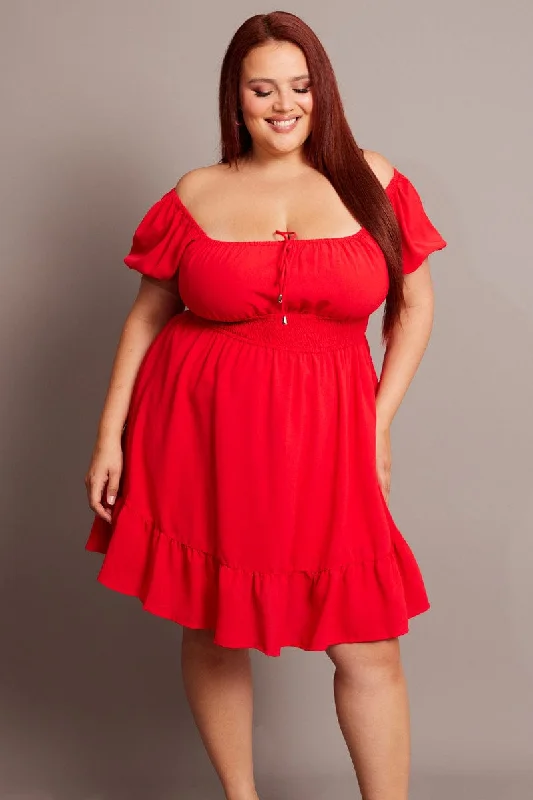 Red Gathered Bust Tie Front Shirred Waist Minidress Tunics Leisure comfortable