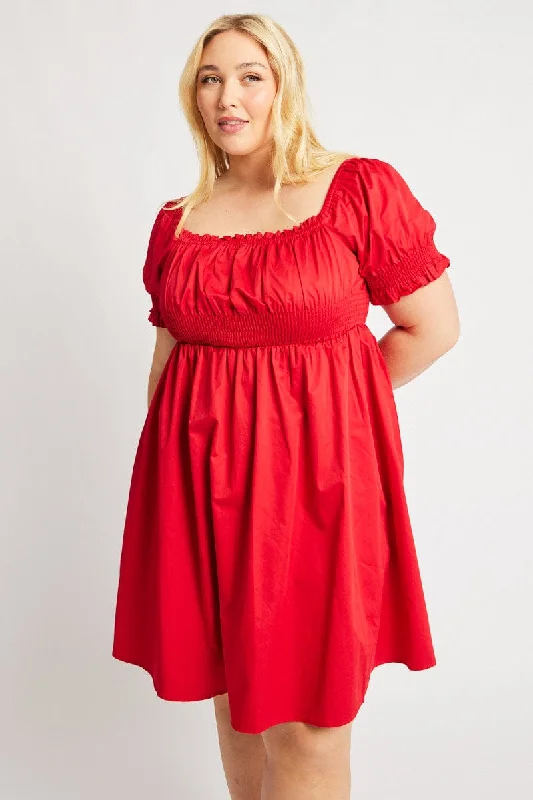 Red Shirred Waist Cotton Poplin Minidress Tunics Silk luxurious