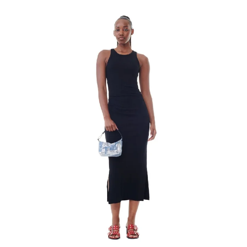 Rib Tank Top Long Dress (Black) one shoulder tank