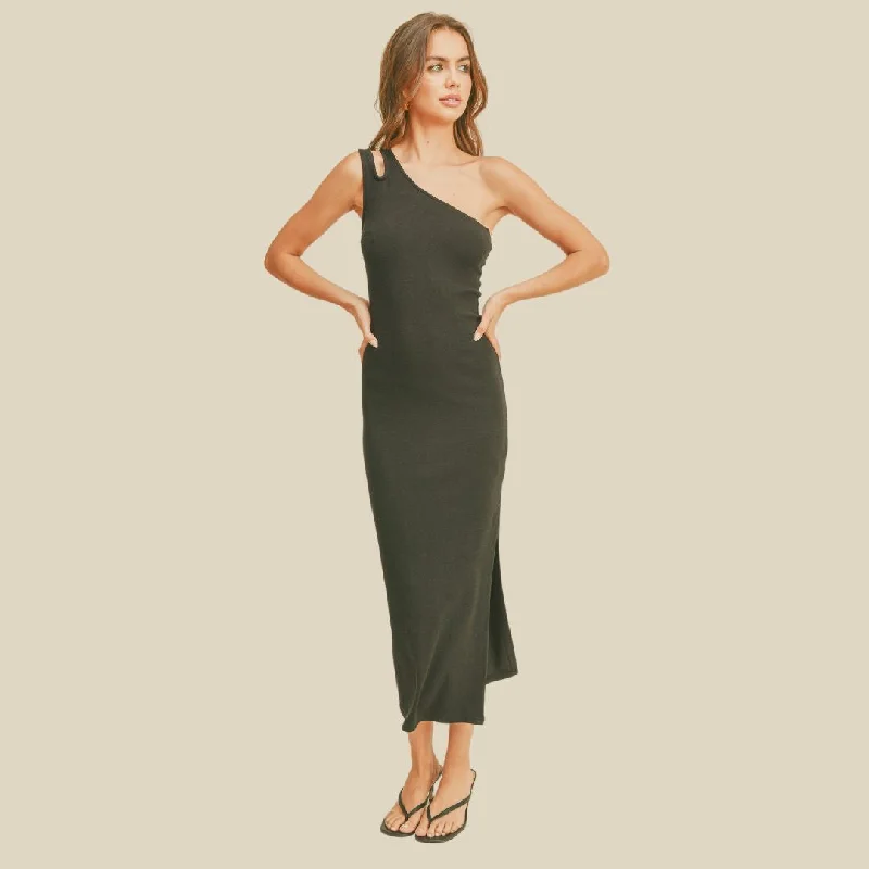 Ribbed One Shoulder Knit Long Dress (Olive) Tunics Corduroy durable
