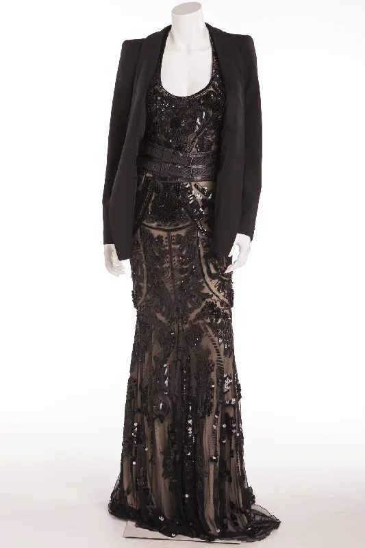 Roberto Cavalli - 4PC Beaded Sequin Long Blazer Dress with Blazer, IT 42  Belt & Tiara Women's Luxurious Suit