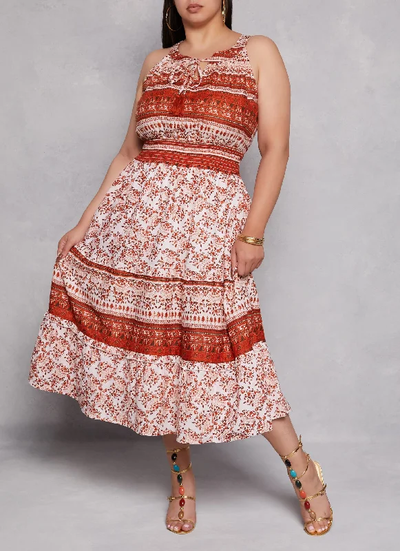 Plus Size Boho Border Print Smocked Waist Dress Turtleneck Warm Winter