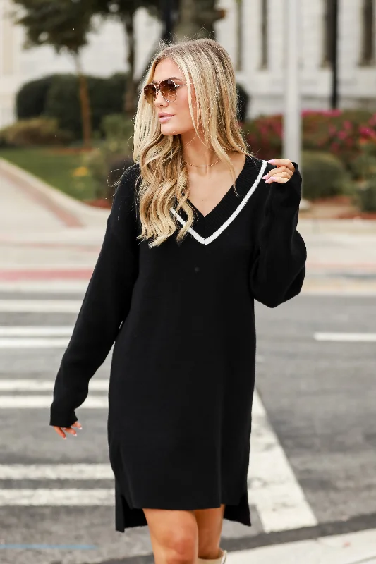 FINAL SALE - Snug As Can Be Black Mini Sweater Dress Boat Neck Shawl Collar Notched Collar