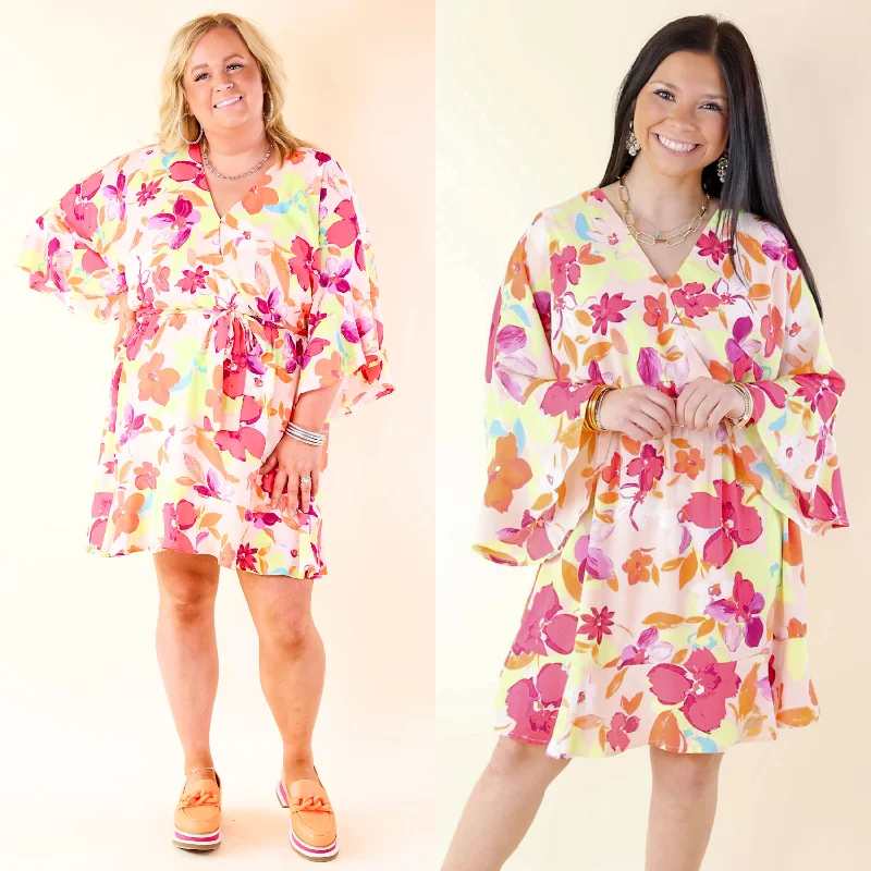 Super Chic Floral Ruffle Sleeve V Neck Dress with Waist Tie in Blush Pink Tunics Exclusive limited Super Chic Floral Ruffle Sleeve V Neck Dress with Waist Tie in Blush Pink Tunics Exclusive limited