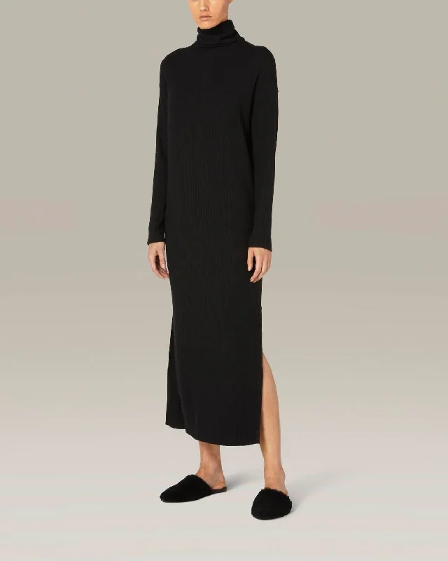 Sweater Rib Turtleneck Sheathe Dress In Black Stylish Fashionable Trendy