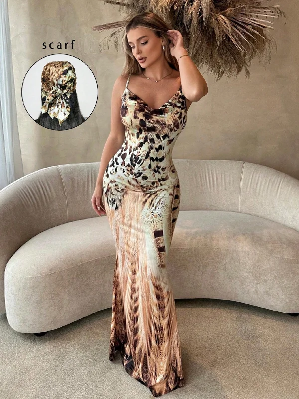 Plus Size Deep Draped Neck, Leopard Print Mermaid Long Dress Tunics Luxurious high-end