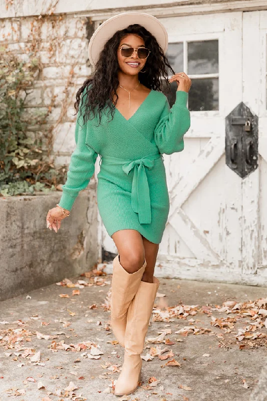 Talk of The Town Green Belted Sweater Dress FINAL SALE Fitted Slim Tailored