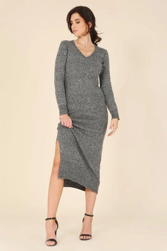 V-Neck Sweater Maxi Dress Handmade Hand-knitted Hand-woven
