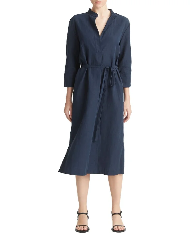 Vince Band Collar Pullover Linen-Blend Dress Puff Sleeve Stylish