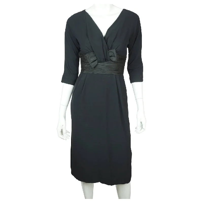 Vintage 1950s Black Crepe Cocktail Wiggle Dress with Taffeta Waist & Bow Sz S M Tunics Polka dots