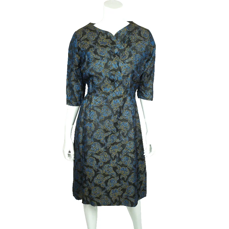 Vintage 50s Brocade Dress w Jacket Blue Floral Pattern Sz L Denim Jacket Leather Jacket Suede Jacket Vintage 50s Brocade Dress w Jacket Blue Floral Pattern Sz L Denim Jacket Leather Jacket Suede Jacket