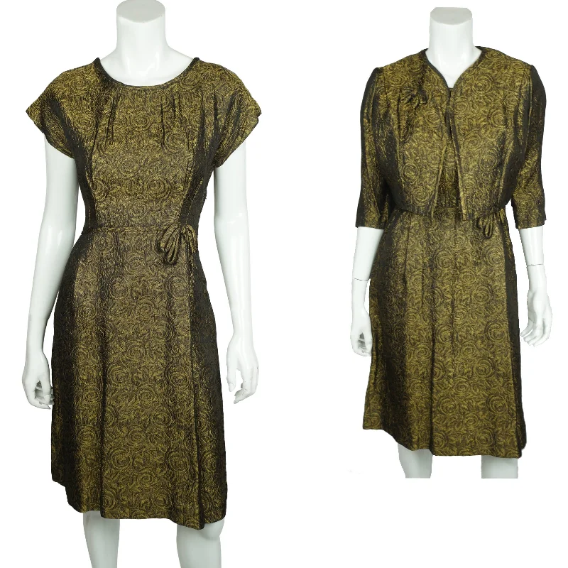 Vintage 50s Cocktail Dress w Jacket Floral Gold Brocade Sz L Satin Jacket Silk Jacket Chiffon Jacket Vintage 50s Cocktail Dress w Jacket Floral Gold Brocade Sz L Satin Jacket Silk Jacket Chiffon Jacket
