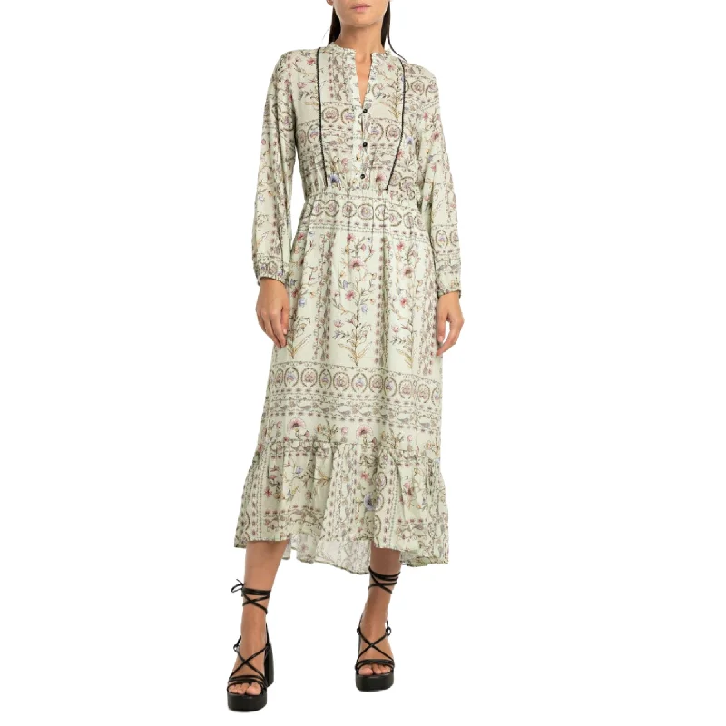 Replay Women's Long Dress with Frill in Viscose Satin Shift Classic Vintage