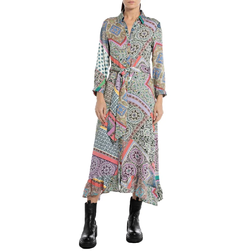 Replay Women's Long Dress All Over Printed Viscose Satin Tunics Satin smooth
