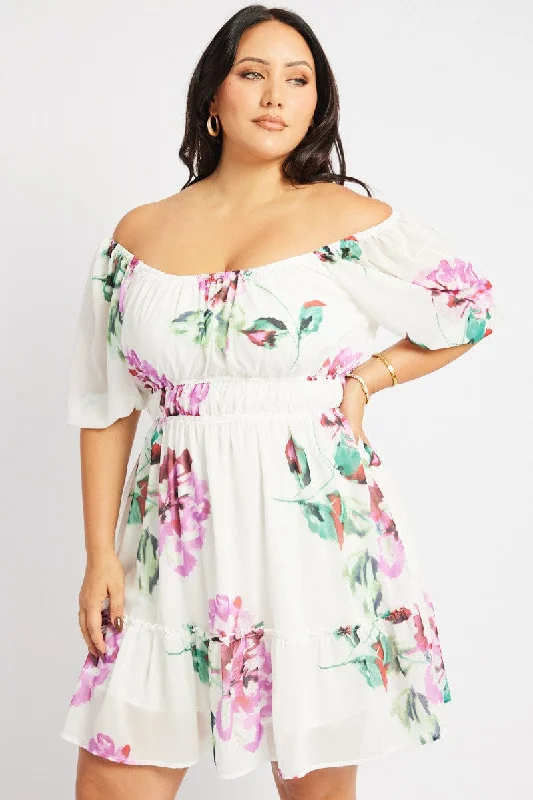 White Floral Puff Sleeve Scoop Neck Gather Waist Minidress Tunics Mesh breathable