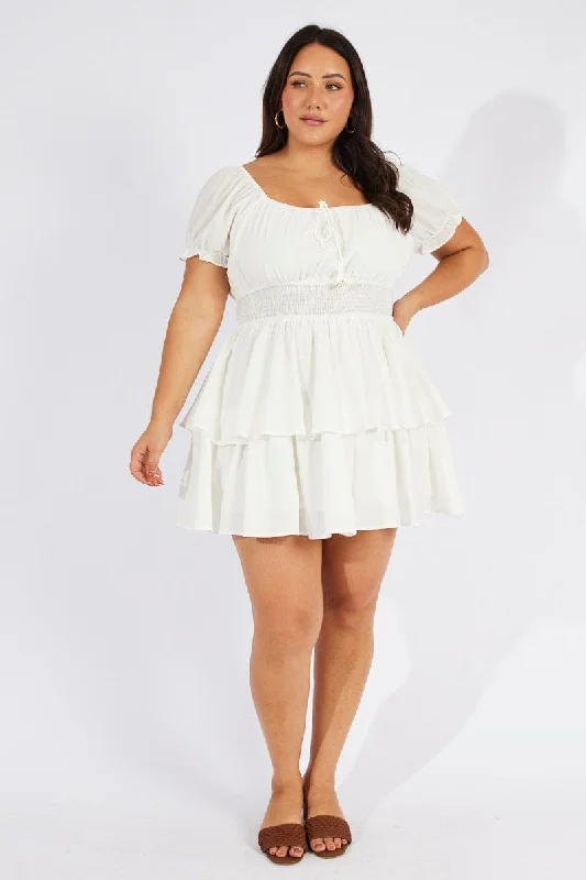 White Minidress Shirred Waist Layered Skirt Cowl Neckline Elegant