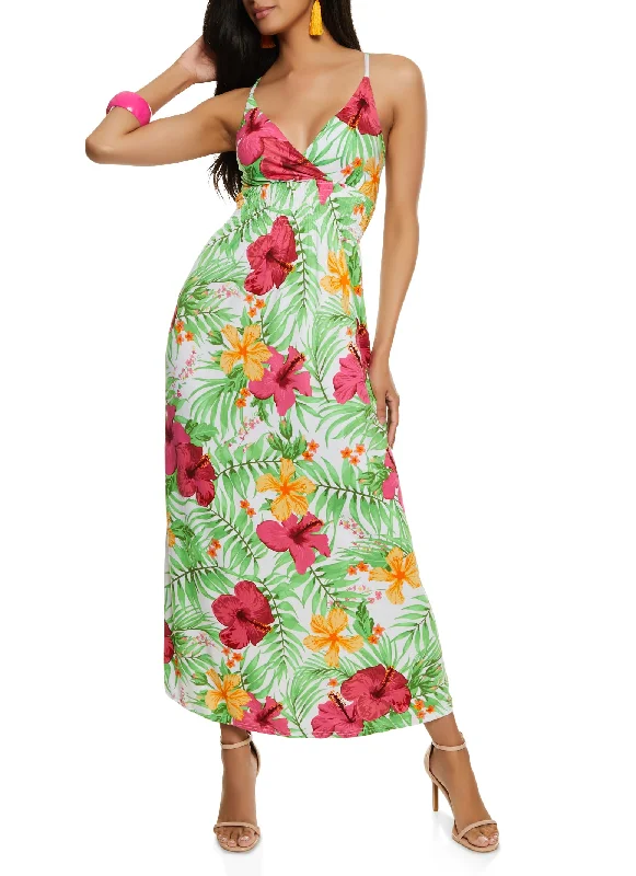Tropical Print Smocked Waist Sundress Tunics Plaid country