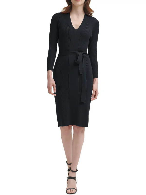 Womens Belted Midi Sweaterdress Embroidered Appliqued Beaded