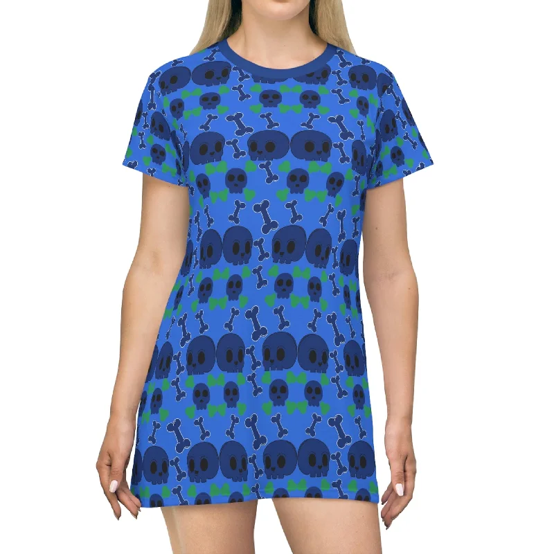 Women's Blue Skull Print T-Shirt Dress Terry Blend Velvet Blend Canvas Blend