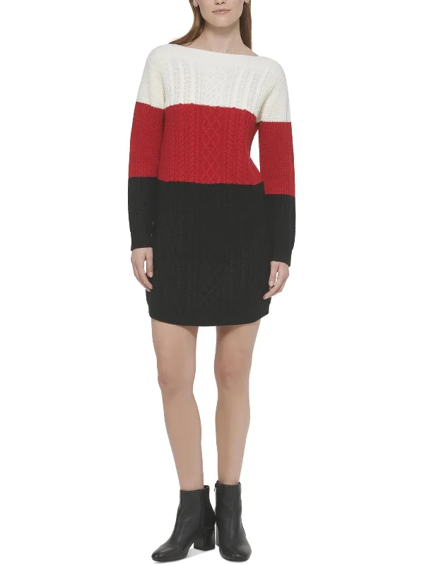 Womens Cable Knit Mini Sweaterdress Houndstooth Herringbone Solid