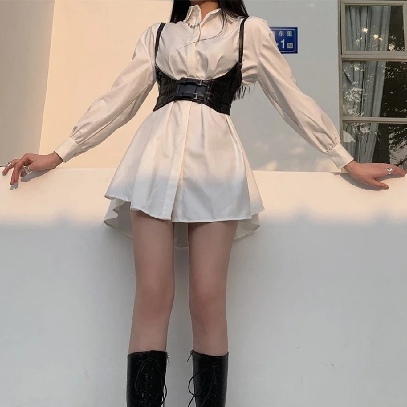 Women's Casual Long Shirts Dresses With Detachable PU Tank Tops strappy tank top