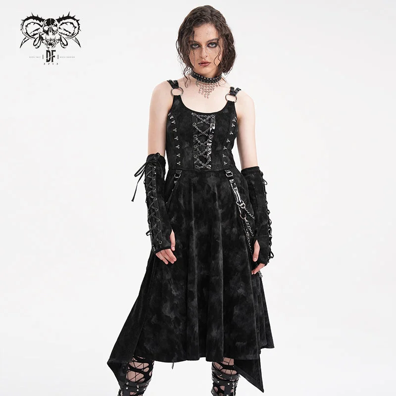Women's Gothic Chains Rings Slip Dress with Gloves Boat Neckline Classic