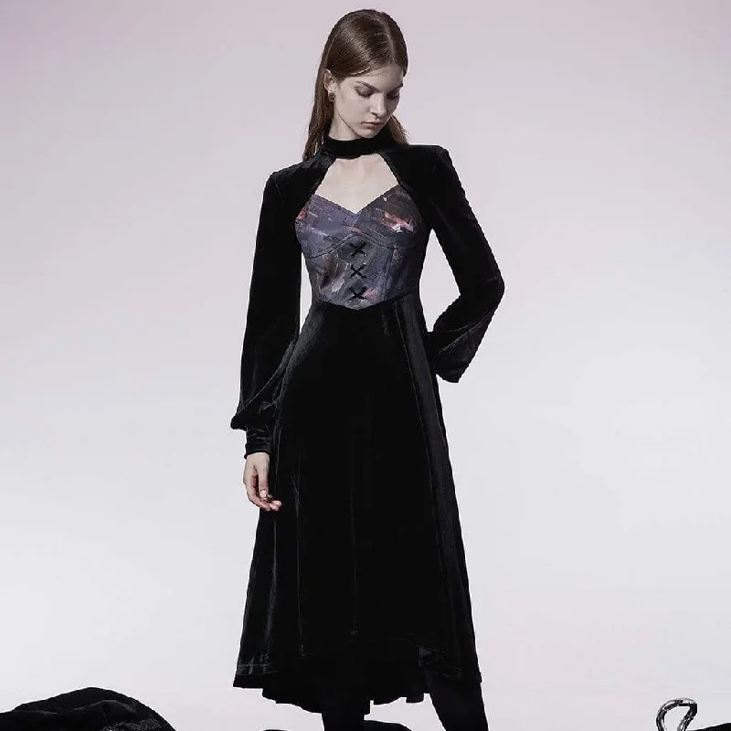Women's Gothic Cutout Splice Velvet Long Dress Tunics Trousers formal
