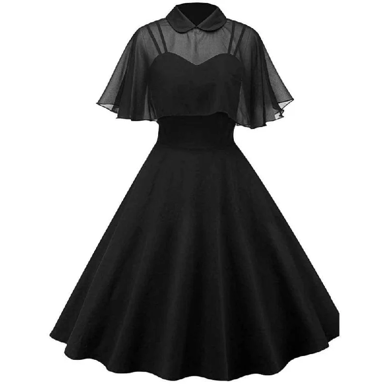 Women's Gothic Lace Overlaid Cape Black Circle Dress Tunics Summer linen