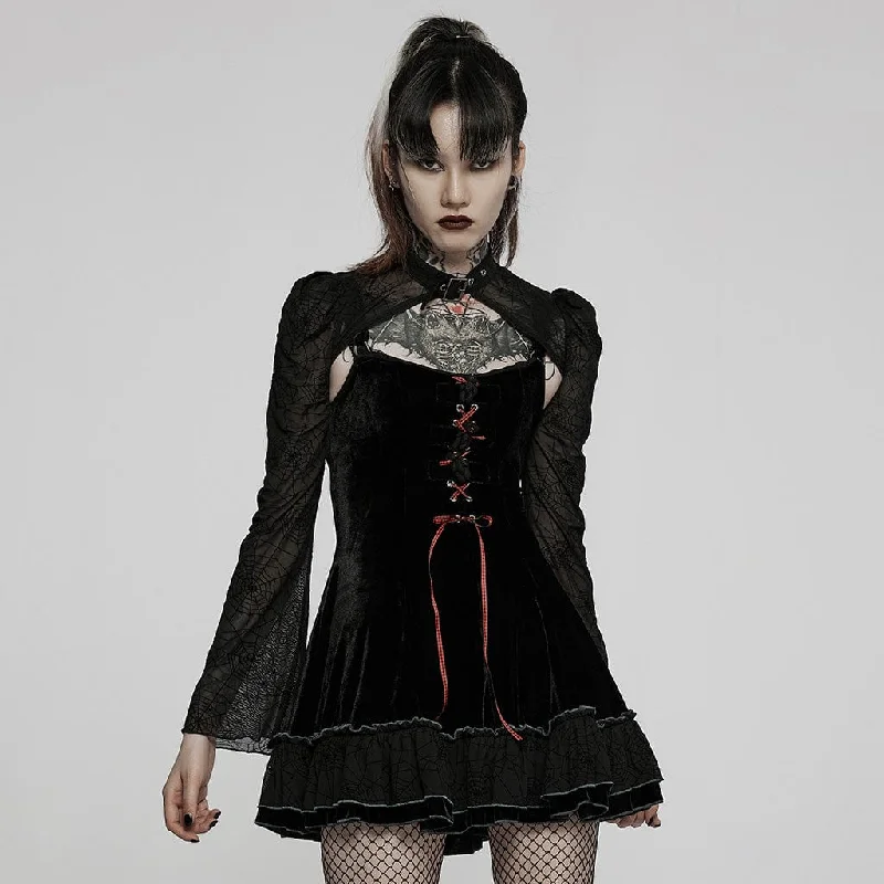 Women's Gothic Lacing-up Velet Slip Dress with Lace Cape Tunics Canvas sturdy