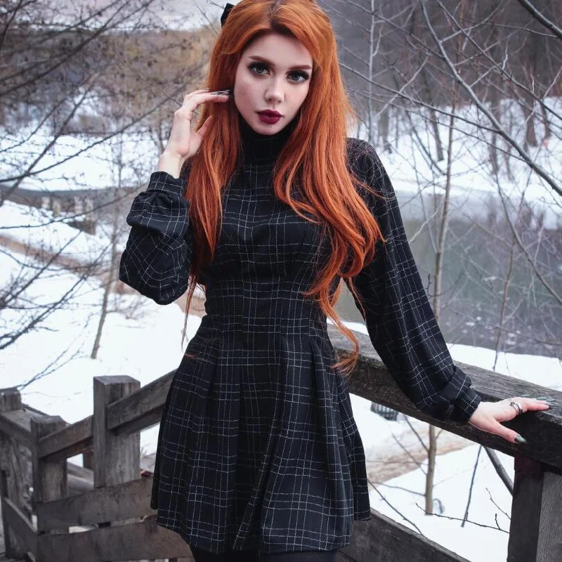 Women's Gothic Plaid High-waisted Dresses Tunics Spring floral