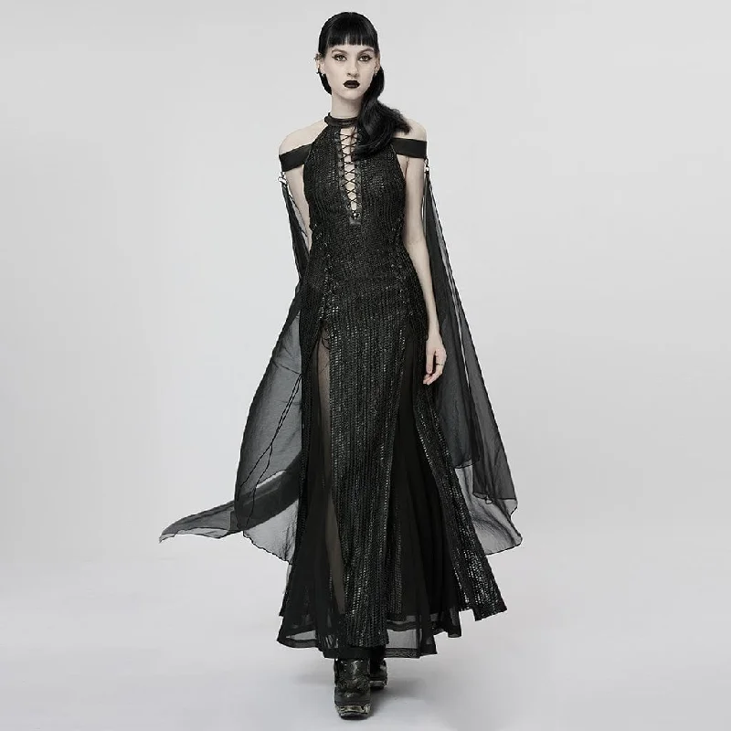 Women's Gothic Strappy Side Slit Dress with Detachable Cape Tunics Long Elegant