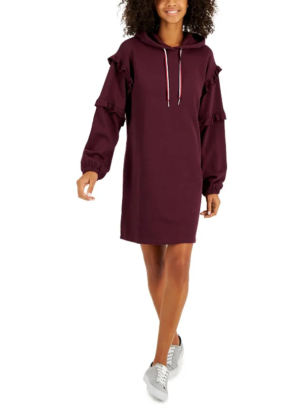 Womens Hooded Ruffled Sweatshirt Dress Hoodie with Cropped Fit Short Trendy