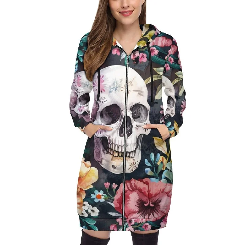 Women's Hooded Sweatshirt Dress! Featuring A Skull Floral design And Long Sleeves Hoodie with Oversized Fit Loose Comfortable