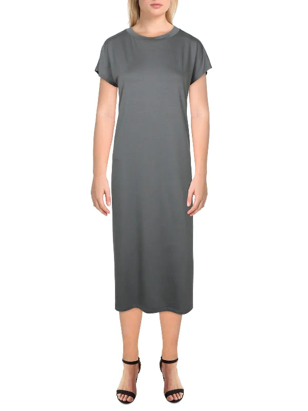 Womens Knit Midi T-Shirt Dress Houndstooth Herringbone Solid