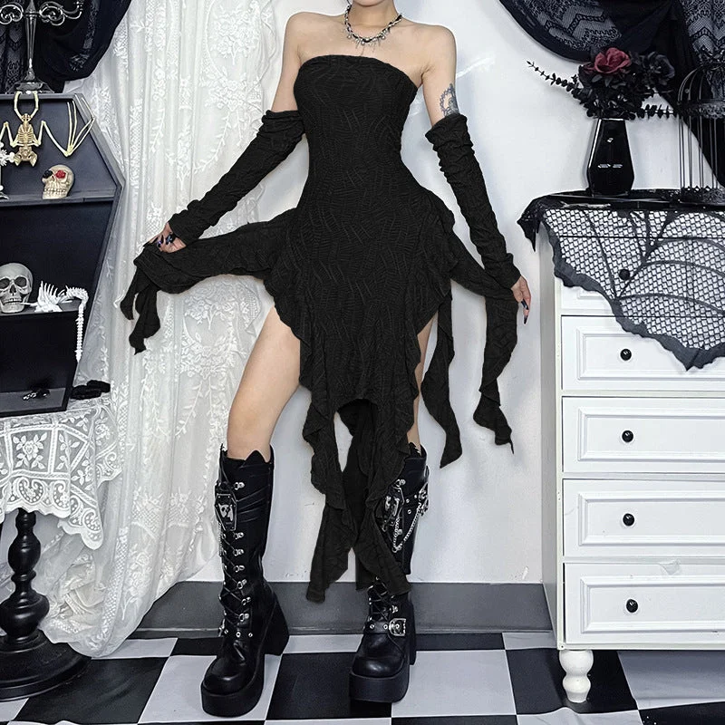 Women's Punk Ripped Irregular Hem Dress with Gloves Square Neckline Feminine