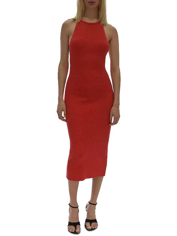 Womens Ribbed Knit Tea-Length Sweaterdress Bright Pastel Dark