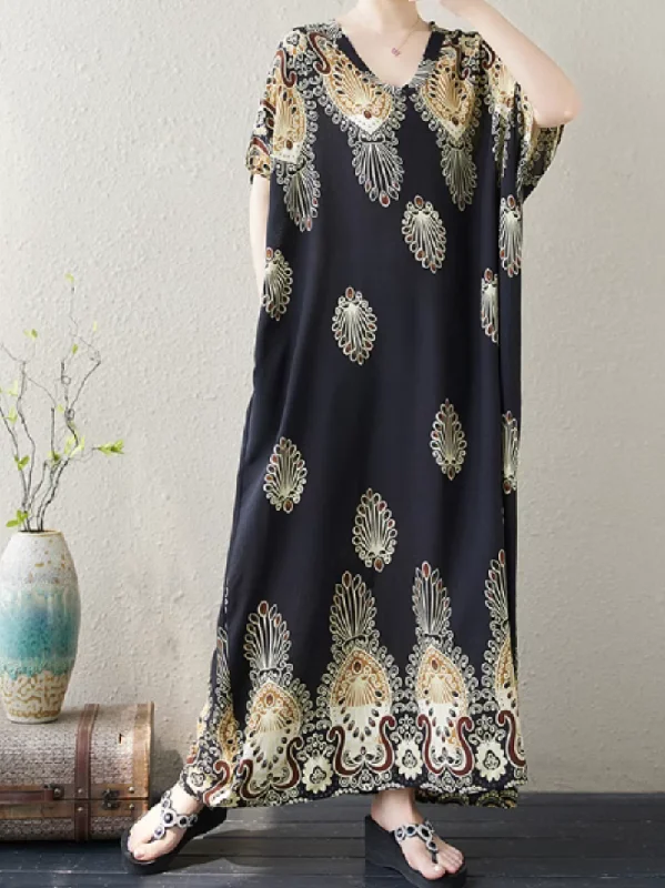 Women's Summer Embroidered Printed High Waist Kaftan Dress Tunics Seasonal trendy