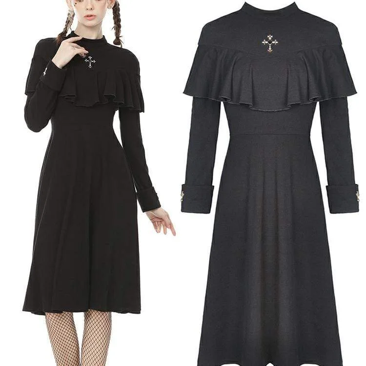 Women's Vintage Gothic Cross Cape Sleeve Black Little Dress Tunics Winter warm